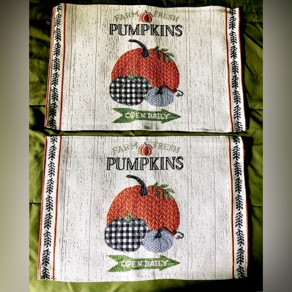 Fall Farm Fresh Pumpkins Farmhouse Tapestry Placemats 2 Orange Black Check NWOT - Picture 1 of 1